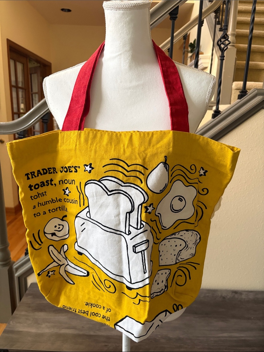 Trader Joe's Yellow Toast & Waffle Tote with Red Handles